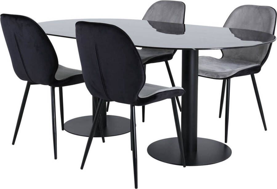 Hioshop Pillan eethoek eetkamertafel zwart glas marmer decor en 4 Emma eetkamerstal velours grijs zwart.