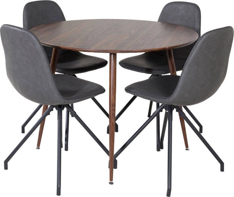 Hioshop PlazaWA100 eethoek eetkamertafel Okkernoot decor en 4 Polar eetkamerstal PU kunstleer zwart.