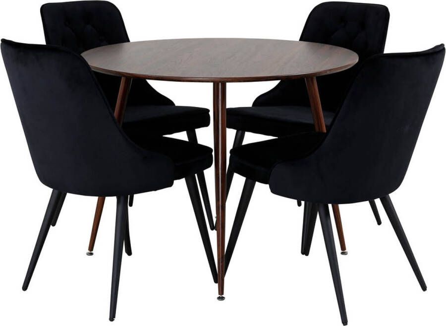 Hioshop PlazaWA100 eethoek eetkamertafel Okkernoot decor en 4 Velvet Deluxe eetkamerstal velours zwart.
