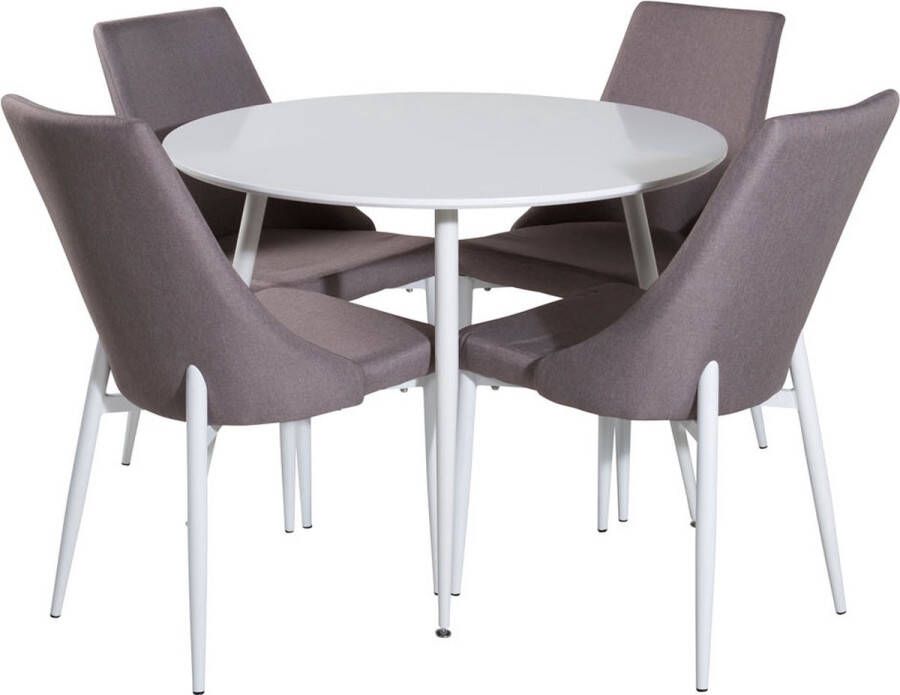 Hioshop PlazaWHWH100 eethoek eetkamertafel wit en 4 Leone 2.0 eetkamerstal grijs wit.