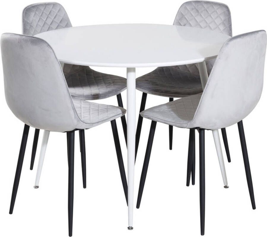 Hioshop PlazaWHWH100 eethoek eetkamertafel wit en 4 Polar Diamond eetkamerstal velours grijs.