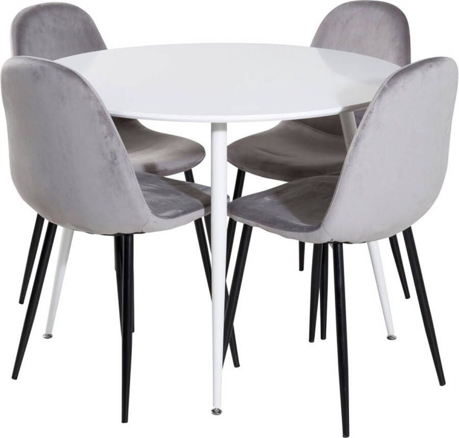 Hioshop PlazaWHWH100 eethoek eetkamertafel wit en 4 Polar eetkamerstal velours grijs.