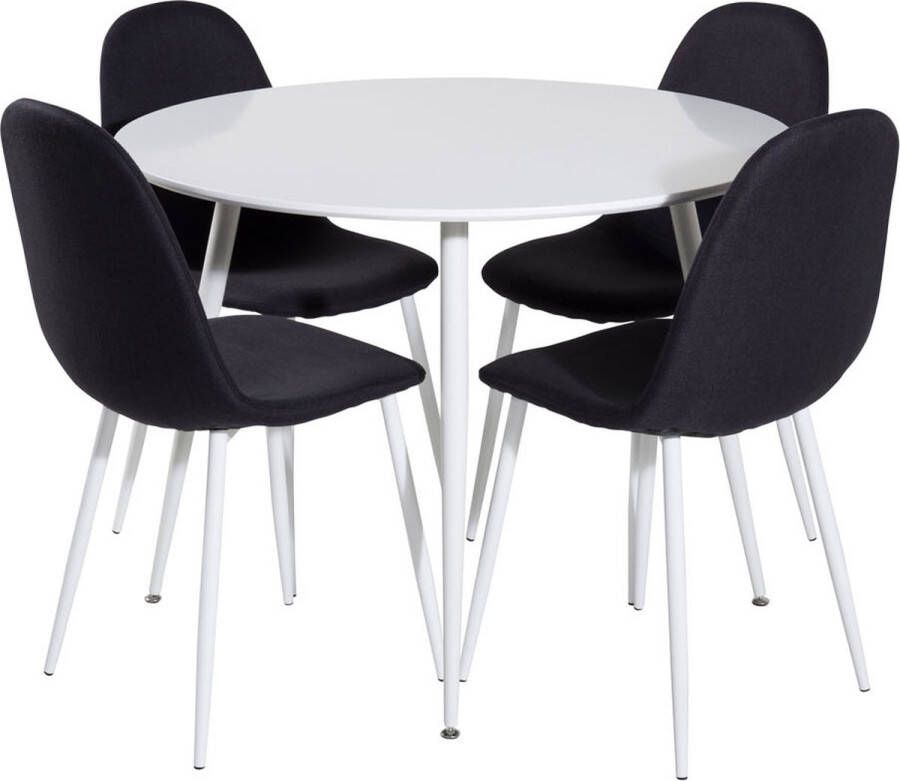 Hioshop PlazaWHWH100 eethoek eetkamertafel wit en 4 Polar eetkamerstal zwart wit.