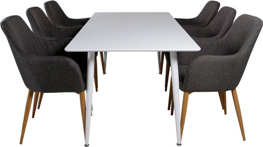 Hioshop Polar180X90WHWH eethoek eetkamertafel wit en 6 Comfort eetkamerstal grijs eik decor.