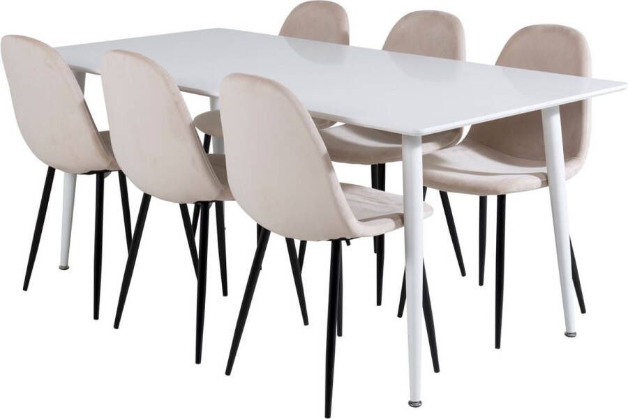 Hioshop Polar180X90WHWH eethoek eetkamertafel wit en 6 Polar eetkamerstal velours beige.