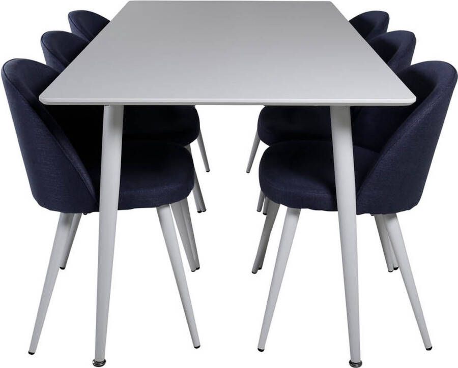 Hioshop Polar180X90WHWH eethoek eetkamertafel wit en 6 Velvet eetkamerstal blauw.