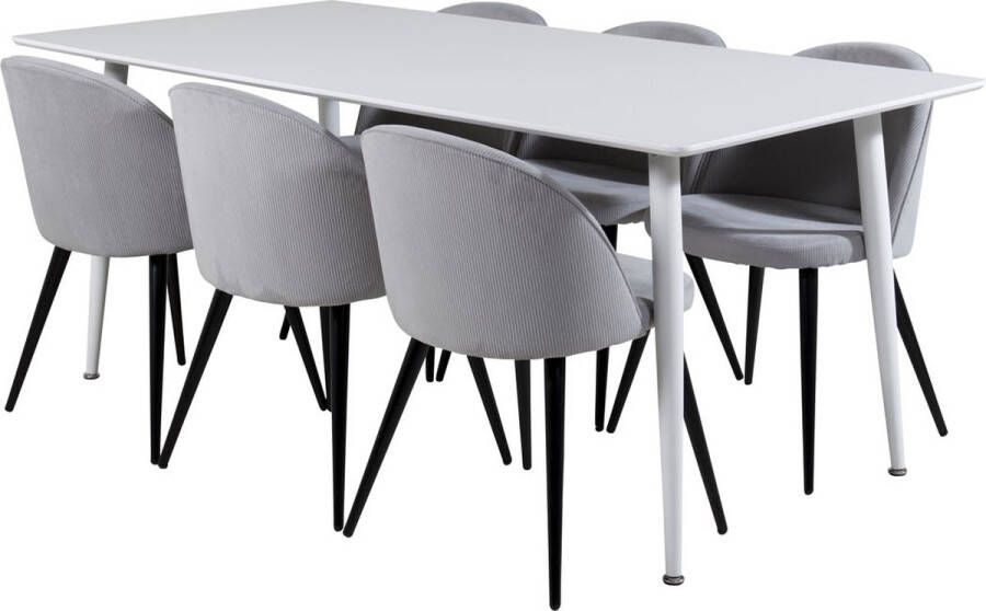 Hioshop Polar180X90WHWH eethoek eetkamertafel wit en 6 Velvet eetkamerstal fluweel lichtgrijs zwart.