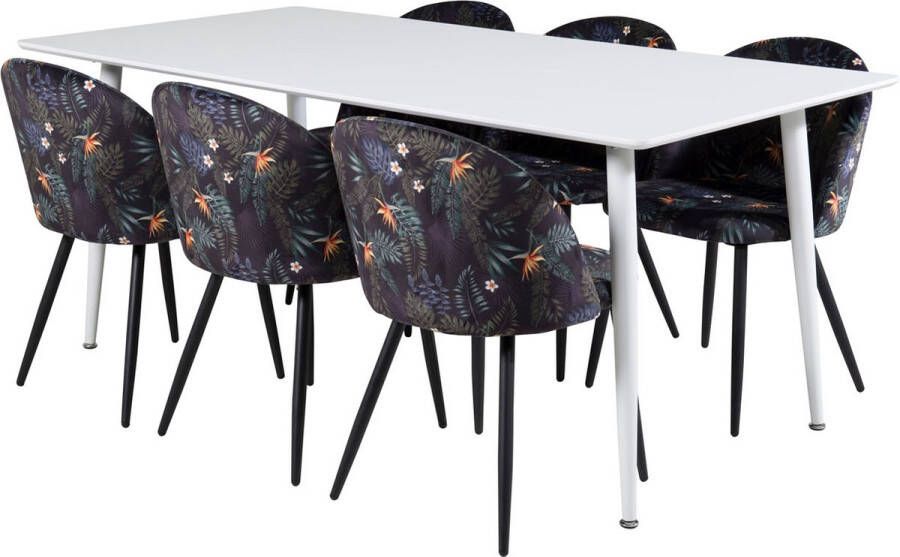 Hioshop Polar180X90WHWH eethoek eetkamertafel wit en 6 Velvet eetkamerstal velours gebloeid.