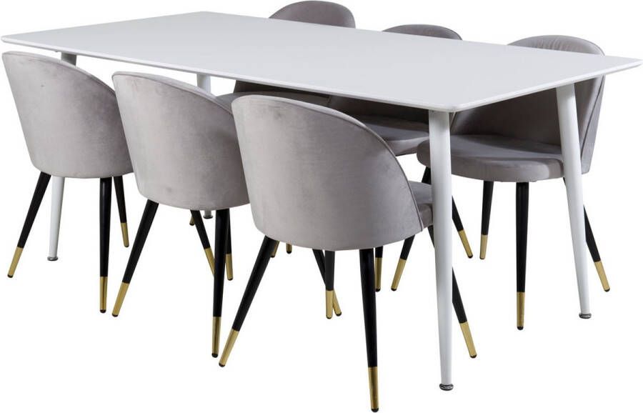 Hioshop Polar180X90WHWH eethoek eetkamertafel wit en 6 Velvet eetkamerstal velours lichtgrijs.