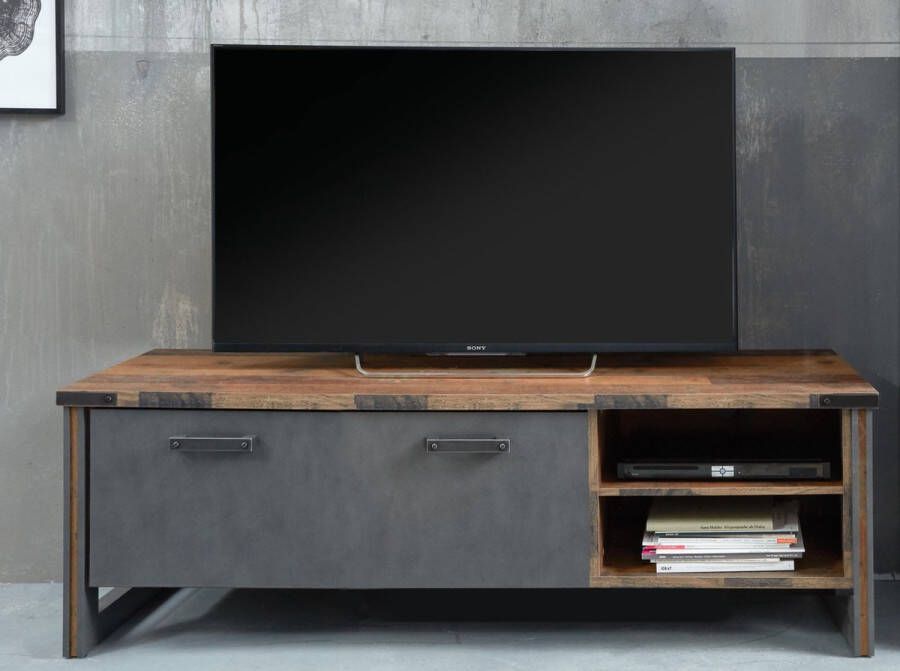 Hioshop Prip TV-meubel 2 planken en 1 klep Old Wood decor Matera decor.