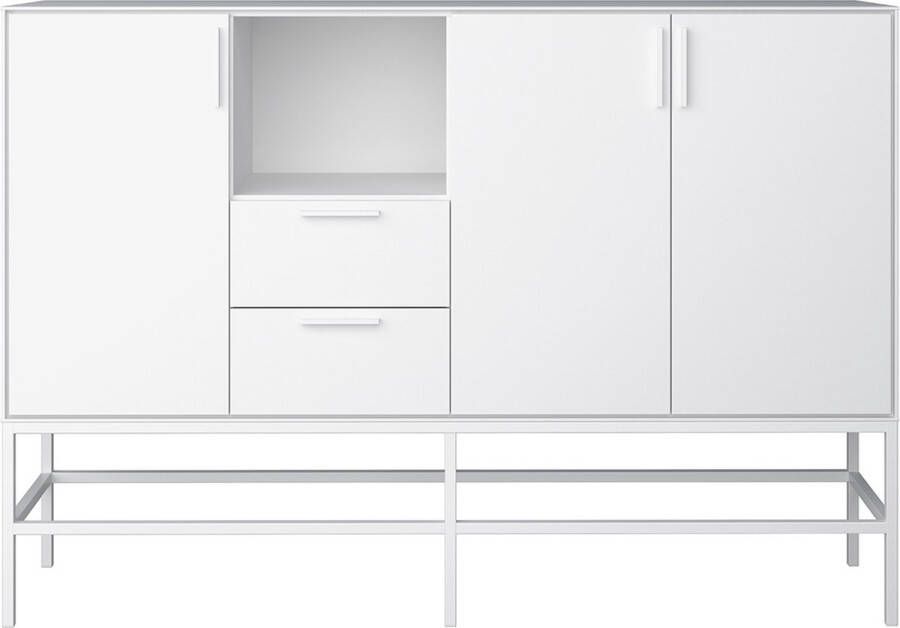 Hioshop Ravn dressoir 3 deuren en 2 lades wit gelakt wit metalen frame.