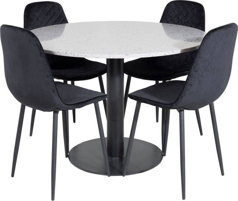 Hioshop RazziaGR eethoek eetkamertafel terazzo grijs en 4 Polar Diamond eetkamerstal velours zwart.