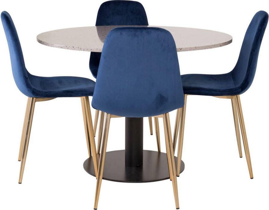 Hioshop RazziaGR eethoek eetkamertafel terazzo grijs en 4 Polar eetkamerstal velours blauw messing decor.