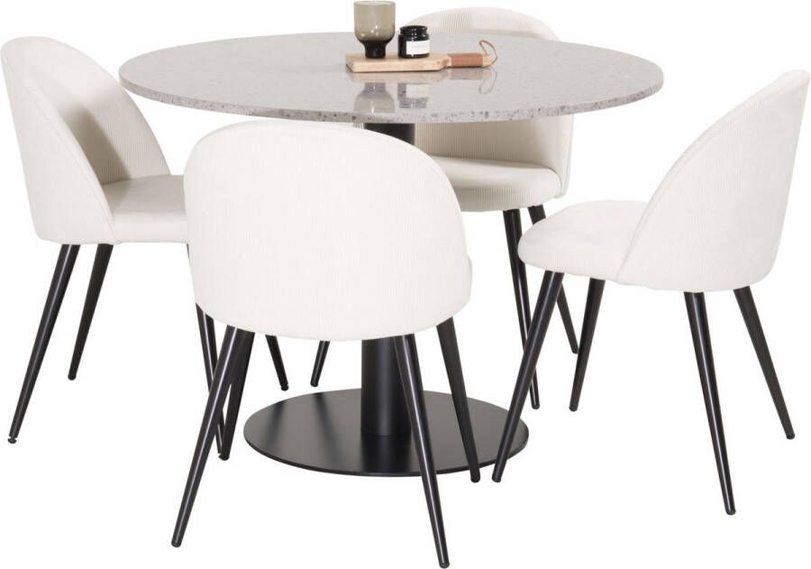 Hioshop RazziaGR eethoek eetkamertafel terazzo grijs en 4 Velvet eetkamerstal fluweel beige zwart.