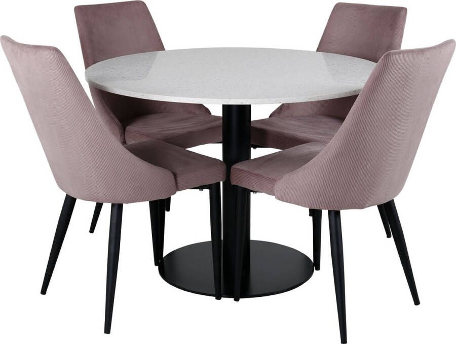 Hioshop RazziaWH eethoek eetkamertafel terazzo wit en 4 Leone eetkamerstal fluweel roze zwart.