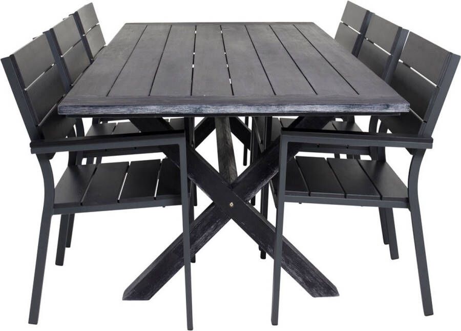 Hioshop Rives Tuinmeubelset Tafel 100x200cm En 6 Stoel Levels Zwart.