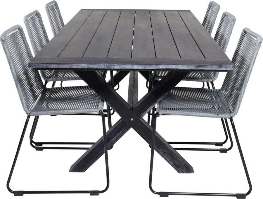 Hioshop Rives Tuinmeubelset Tafel 100x200cm En 6 Stoel Lindos Zwart.