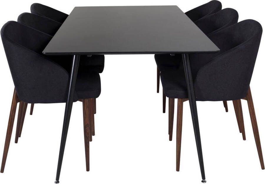 Hioshop SilarBL180 eethoek eetkamertafel zwart en 6 Arch eetkamerstal zwart.