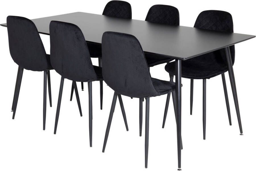 Hioshop SilarBL180 eethoek eetkamertafel zwart en 6 Polar Diamond eetkamerstal velours zwart.