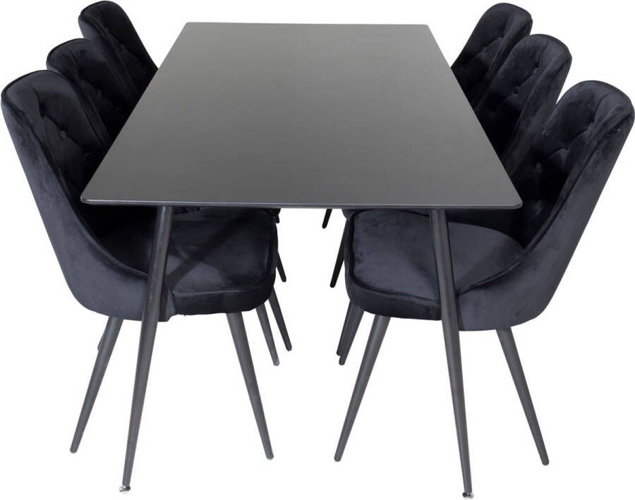 Hioshop SilarBL180 eethoek eetkamertafel zwart en 6 Velvet Deluxe eetkamerstal velours zwart.