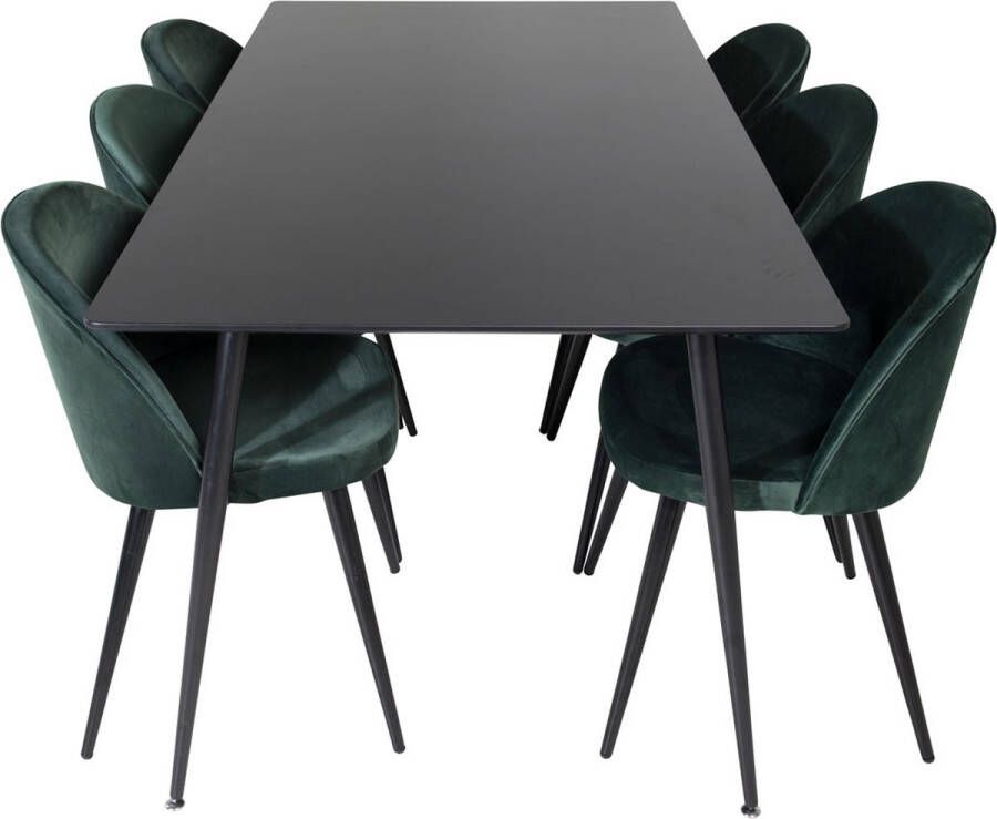 Hioshop SilarBL180 eethoek eetkamertafel zwart en 6 Velvet eetkamerstal velours groente zwart.