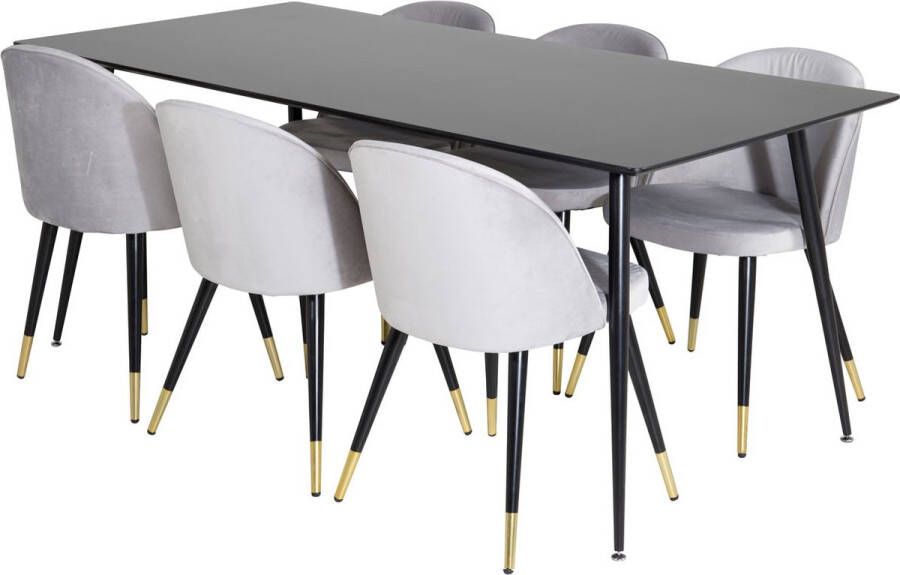 Hioshop SilarBL180 eethoek eetkamertafel zwart en 6 Velvet eetkamerstal velours lichtgrijs.