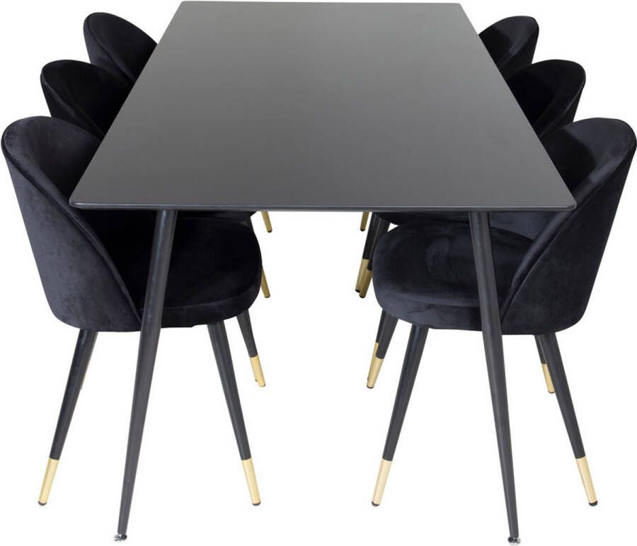 Hioshop SilarBL180 eethoek eetkamertafel zwart en 6 Velvet eetkamerstal velours zwart messing decor.