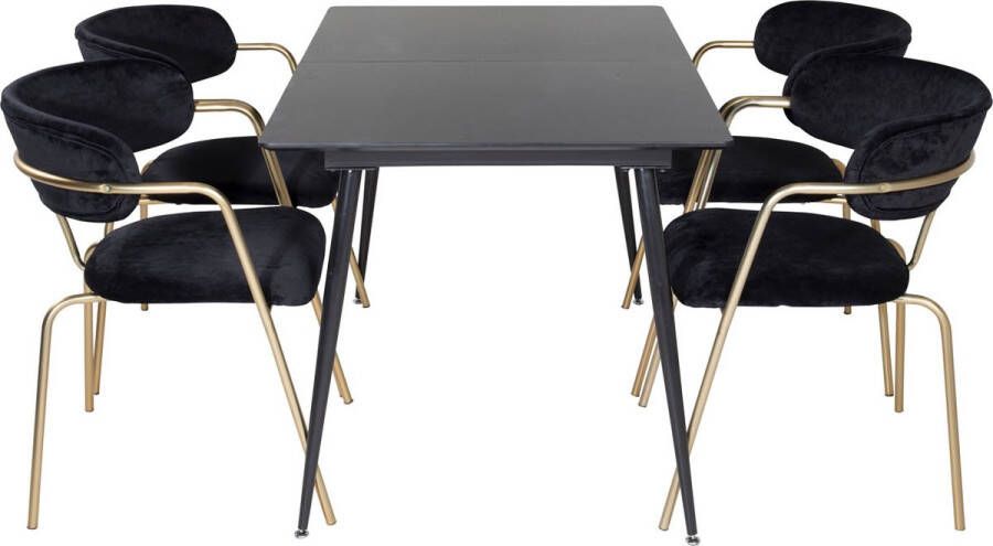 Hioshop SilarBLExt eethoek eetkamertafel uitschuifbare tafel lengte cm 120 160 zwart en 4 Arrow eetkamerstal velours zwart.