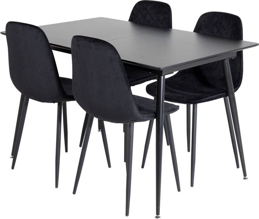 Hioshop SilarBLExt eethoek eetkamertafel uitschuifbare tafel lengte cm 120 160 zwart en 4 Polar Diamond eetkamerstal velours zwart