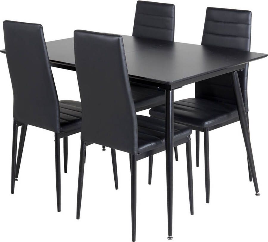 Hioshop SilarBLExt eethoek eetkamertafel uitschuifbare tafel lengte cm 120 160 zwart en 4 Slim High Back eetkamerstal PU kunstleer zwart