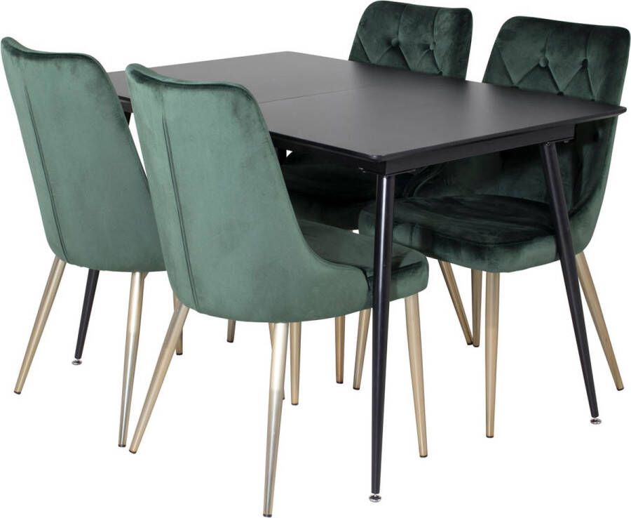 Hioshop SilarBLExt eethoek eetkamertafel uitschuifbare tafel lengte cm 120 160 zwart en 4 Velvet Deluxe eetkamerstal velours zwart