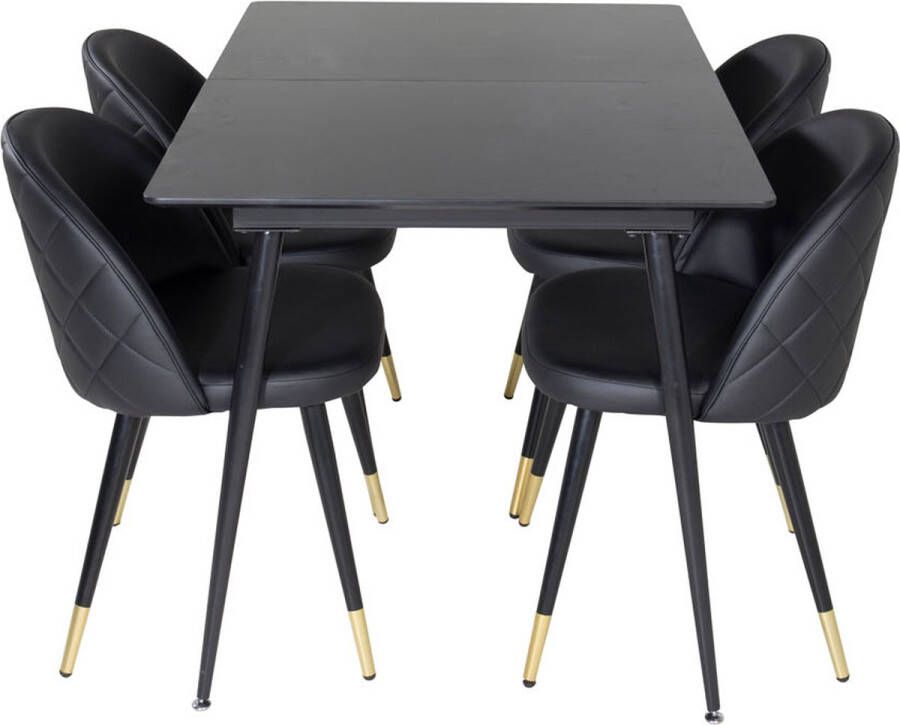 Hioshop SilarBLExt eethoek eetkamertafel uitschuifbare tafel lengte cm 120 160 zwart en 4 Velvet eetkamerstal velours roze zwart