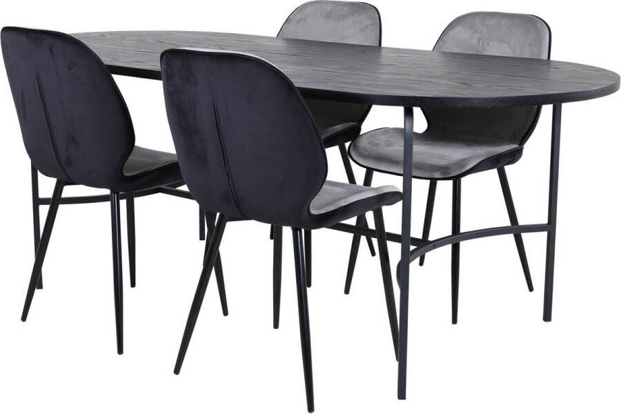 Hioshop Skate eethoek eetkamertafel zwart en 4 Emma eetkamerstal velours grijs zwart.