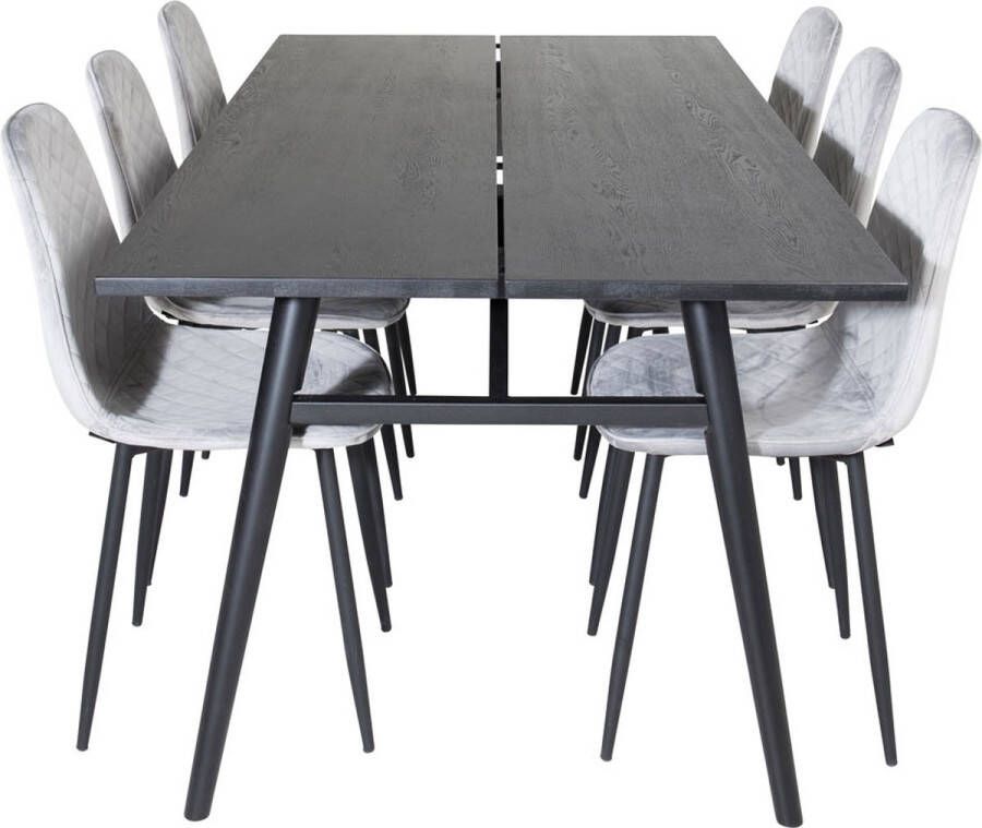 Hioshop Sleek eethoek eetkamertafel uitschuifbare tafel lengte cm 195 280 zwart en 6 Polar Diamond eetkamerstal velours grijs.