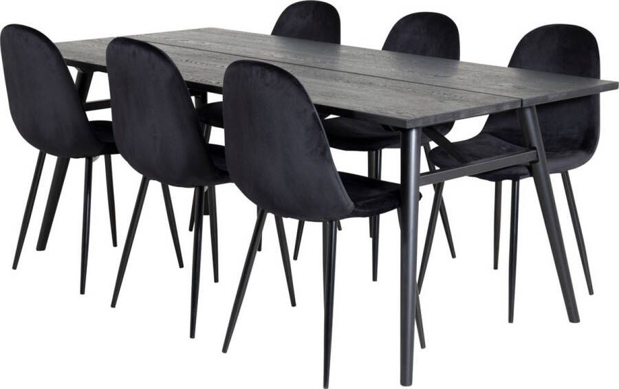 Hioshop Sleek eethoek eetkamertafel uitschuifbare tafel lengte cm 195 280 zwart en 6 Polar eetkamerstal velours beige.