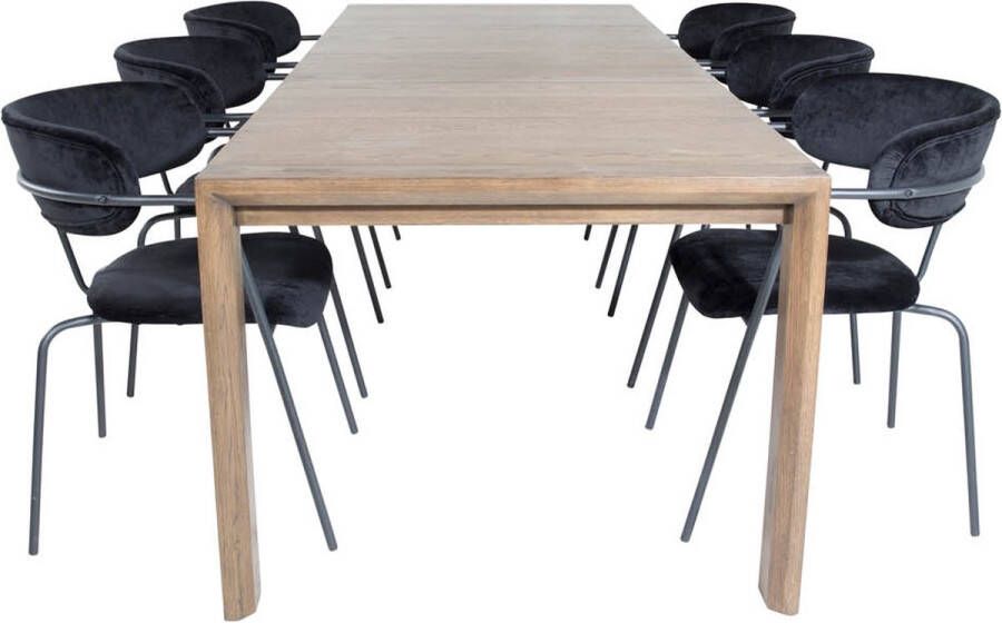 Hioshop SliderOS eethoek eetkamertafel uitschuifbare tafel lengte cm 170 250 rokerig eik en 6 Arrow eetkamerstal velours zwart