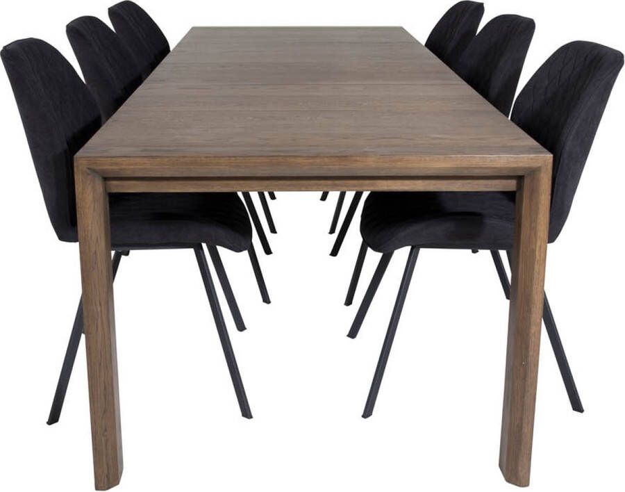 Hioshop SliderOS eethoek eetkamertafel uitschuifbare tafel lengte cm 170 250 rokerig eik en 6 Gemma eetkamerstal zwart.