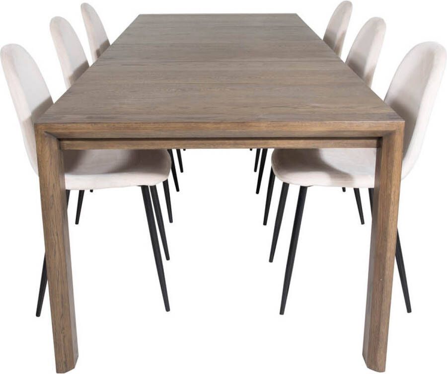 Hioshop SliderOS eethoek eetkamertafel uitschuifbare tafel lengte cm 170 250 rokerig eik en 6 Polar eetkamerstal velours beige