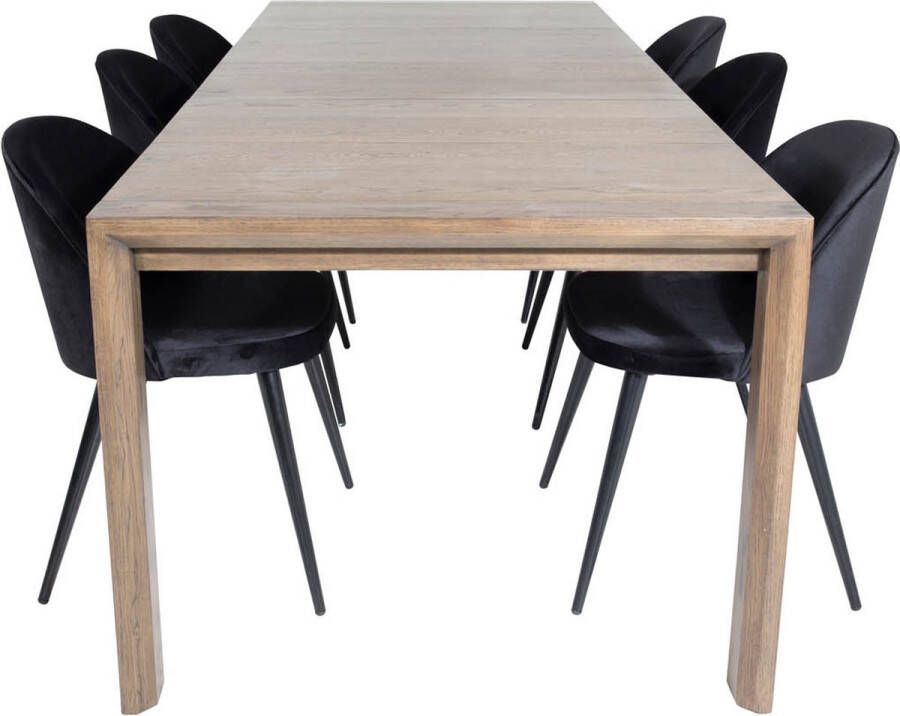 Hioshop SliderOS eethoek eetkamertafel uitschuifbare tafel lengte cm 170 250 rokerig eik en 6 Velvet eetkamerstal velours zwart