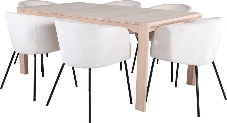 Hioshop SliderWW eethoek eetkamertafel uitschuifbare tafel lengte cm 170 250 eik wit washeded en 6 Berit eetkamerstal velours grijs