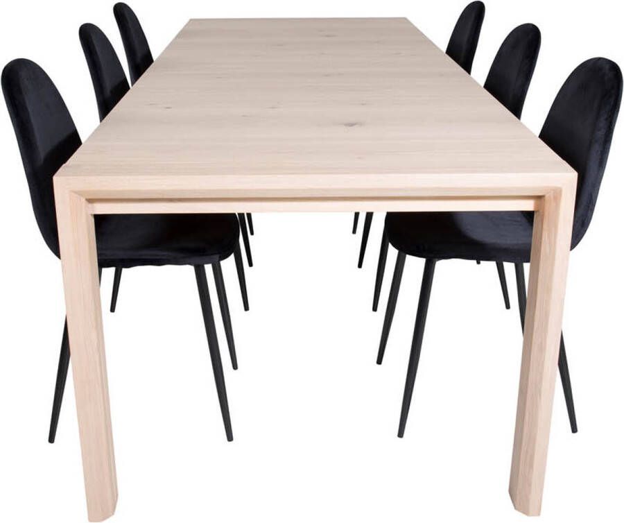 Hioshop SliderWW eethoek eetkamertafel uitschuifbare tafel lengte cm 170 250 eik wit washeded en 6 Polar eetkamerstal velours beige