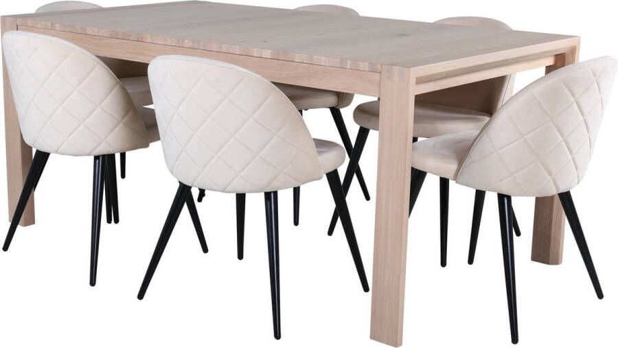 Hioshop SliderWW eethoek eetkamertafel uitschuifbare tafel lengte cm 170 250 eik wit washeded en 6 Velvet Stitches eetkamerstal grijs