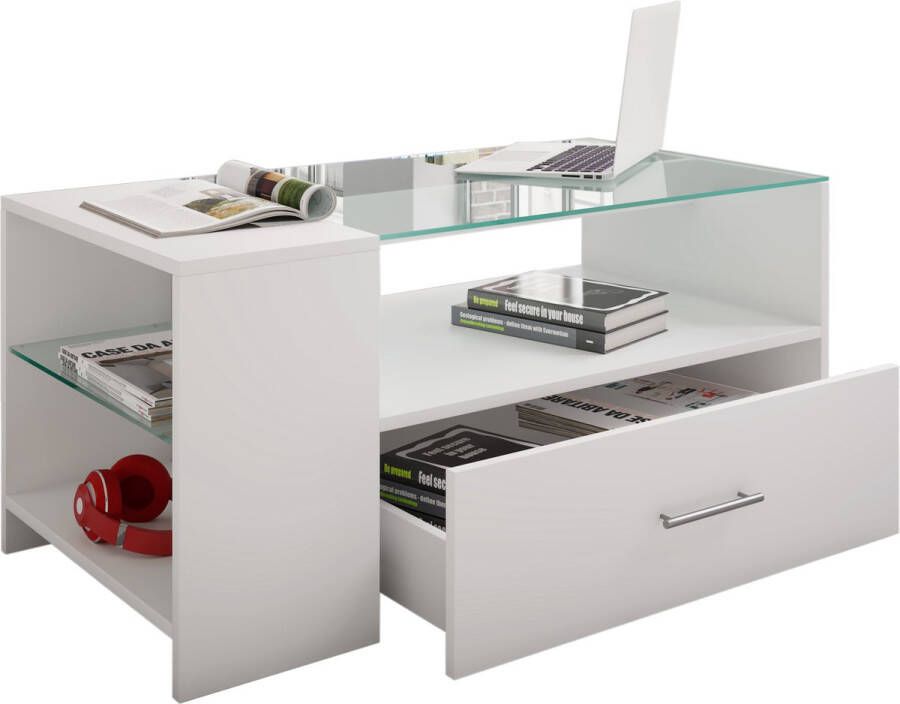 Hioshop Tindala salontafel met glazen blad 1 lade 3 plankenwit.