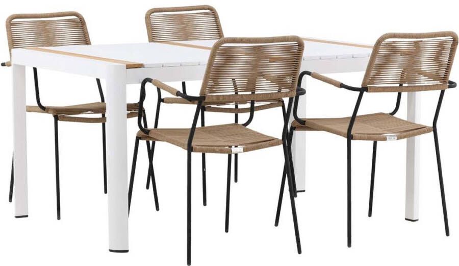 Hioshop Togo tuinmeubelset tafel 90x150cm wit 4 stoelen Lindos bruin