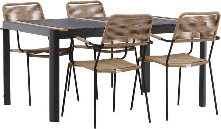 Hioshop Togo tuinmeubelset tafel 90x150cm zwart 4 stoelen Lindos bruin