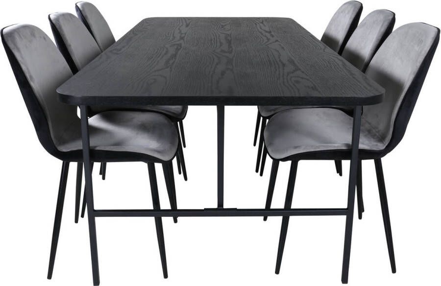 Hioshop UnoBL eethoek eetkamertafel zwart en 6 Emma eetkamerstal velours grijs zwart.