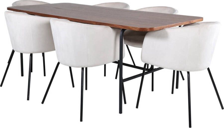 Hioshop UnoWA eethoek eetkamertafel Okkernoot decor en 6 Berit eetkamerstal velours beige.
