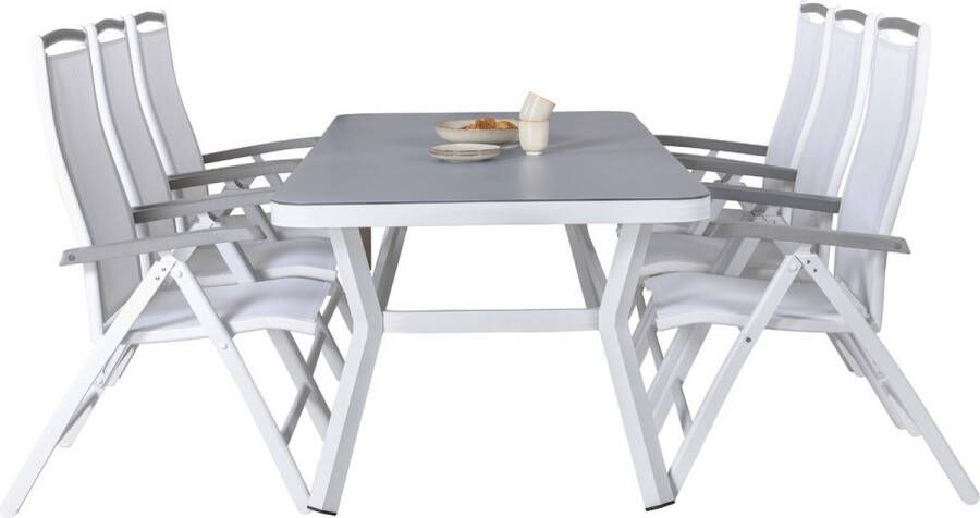 Hioshop Virya tuinmeubelset tafel 100x200cm en 6 stoel 5posalu Albany wit grijs