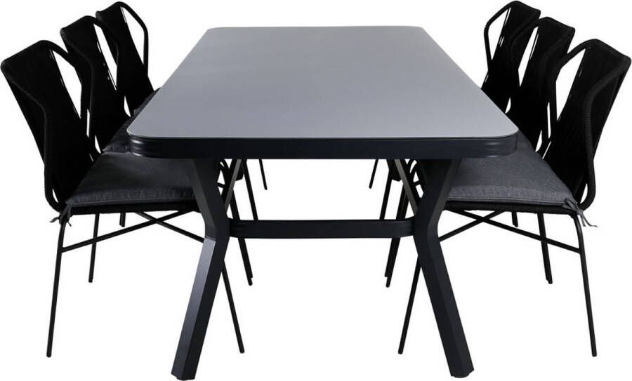 Hioshop Virya Tuinmeubelset Tafel 100x200cm En 6 Stoel Julian Zwart Grijs.