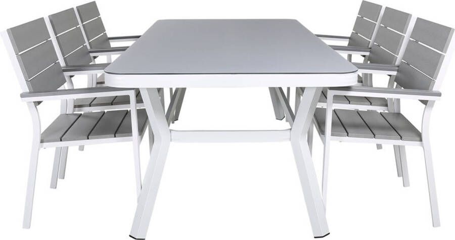 Hioshop Virya Tuinmeubelset Tafel 100x200cm En 6 Stoel Levels Wit Grijs.